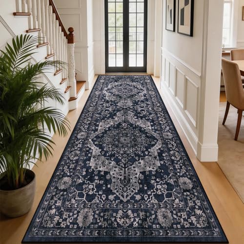 nesrt Boho Washable Hallway Runner Rug 4x10, Soft Non-Slip Long Kitchen Runner Rug, Vintage Faux Wool Thin Distressed Printed Wider Floor Carpet for Entryway Bedroom Stairway (Blue) - color: Blue, size: 4' x 10' (Rectangular)