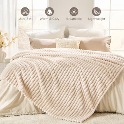 330GSM Ribbed Fleece Twin Blanket for Bed, Cream, 60"x80" - color: Cream, size: Twin(60"x80")