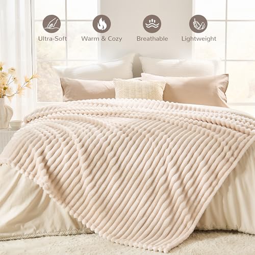 330GSM Ribbed Fleece Queen Blanket for Bed, Cream, 90"x90" - color: Cream, size: Queen(90"x90")