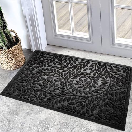 Bulijojo Front Door Mat Entrance,Durable Heavy Duty Welcome Mat,Thick Absorbent Natural Rubber Non Slip Mat,Sturdy Entryway Black 23"x35" - color: Black, size: 1'11" x 2'11" (Leaf)