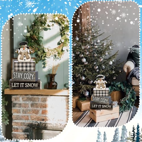 Yuntau 4 Pcs Winter Table Decorations Wooden Snowman Tiered Tray Decor - style: Let It Snow