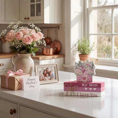 Smile 4pcs Mother's day Indoor Decorations Wooden Decor Table Centerpiece Love My Mom Wooden Plaque Ornaments for Home Kitchen - style: Mother’s day