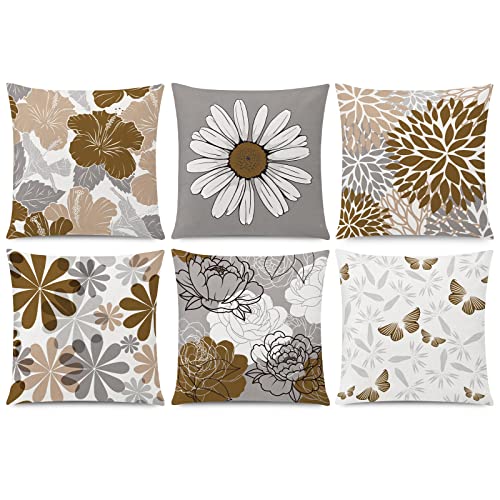 COMMINY Brown Grey Pillow Covers 18x18 Set of 6 Decorative Daisy Flower Throw Pillow Cover for Couch Modern Coffee Pillow Case for Patio Living Room Cushion Bed Farmhouse Home Decor - color: Grey Brown, size: 18" x 18" (Pack of 6)