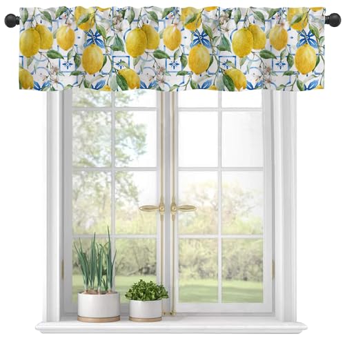 Valances Curtains for Windows, Hand Drawn Lemons and Blue Tiles Semi Sheer Curtain Valances,Rod Pocket Short Window Treatment Light Filtering Decor Valances for Kitchen Living Room Bedroom - 42"x12" - color: Lemon Leaves Flowers, size: 12"W x 42"L (Pack o