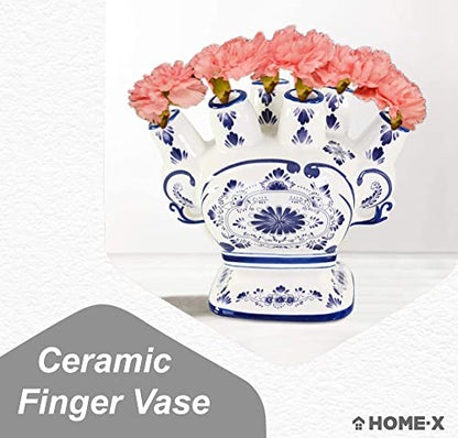 Home-X Ceramic Flower Vase – 6-Port Bud Ivory Vase – Unique Decorative Flower vase for Living Room, Bedroom, Kitchen, or Office (White & Blue)