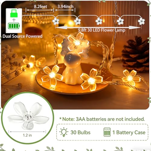 10ft 30 LED Fairy Flower String Lights Battery & USB Operated (Warm White) - color: Warm White