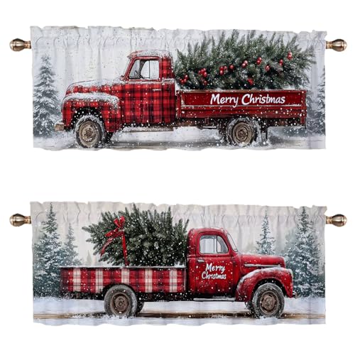 Christmas Kitchen Curtains 2 Set for Windows Red Truck Checkered Xmas Rod Pocket Window Treatments Drapes for Bedroom Bathroom Window Treatment Valances 54x18 inch - color: Christmas