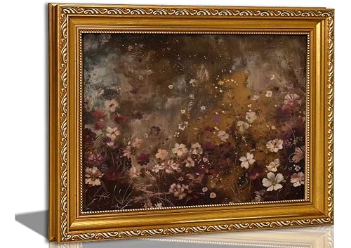 Vintage Gold Framed wall art Vintage Floral Canvas Moody Wildflower Field Dark Pictures Aesthetic Wall Decor Rustic Botanical Painting Print 12x16in - color: Vintage gold-framed wildflower, size: 16"L x 12"W