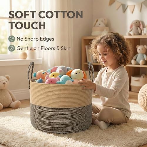 JMvicyroam 65L Extra Large Machine Washable Cotton Rope Blanket Basket - color: Jute&Black, size: 65L