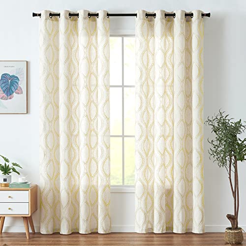 jinchan Boho Linen Curtains 63 Inch Gold on Beige Grommet 2 Panels - color: Vine Gold, size: 50"W x 96"L (Pack of 2)
