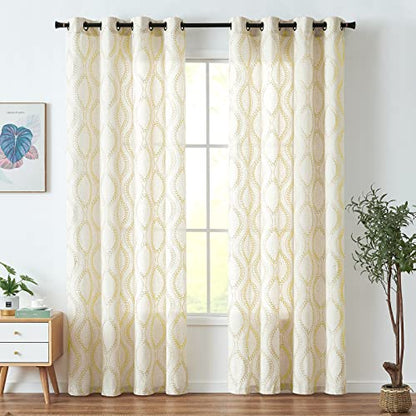 jinchan Boho Linen Curtains 63 Inch Gold on Beige Grommet 2 Panels - color: Vine Gold, size: 50"W x 96"L (Pack of 2)