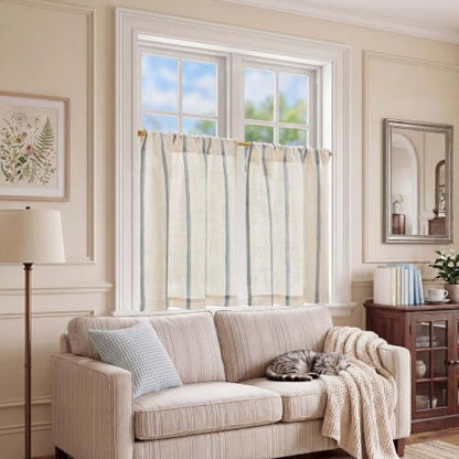jinchan Linen Striped Tier Curtains for Kitchen Windows Farmhouse - color: Shadow Stripe | Blue on Linen, size: 26"W x 24"L (Pack of 2)