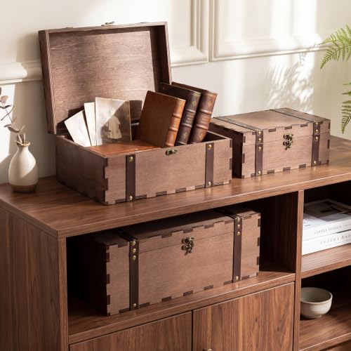 Sliner 3 Pack Vintage Wooden Keepsake Treasure Chest Box with Lock, S M L