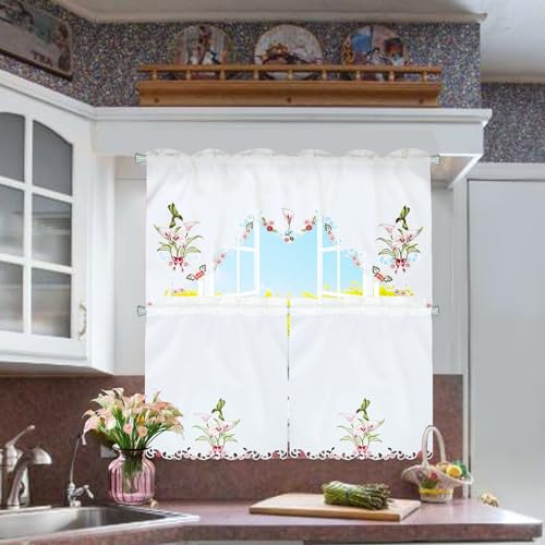 Simhomsen Embroidered Hummingbird Kitchen Window Curtain Swag and Tiers Set for Spring and Summer (Hummingbird) - color: Hummingbird