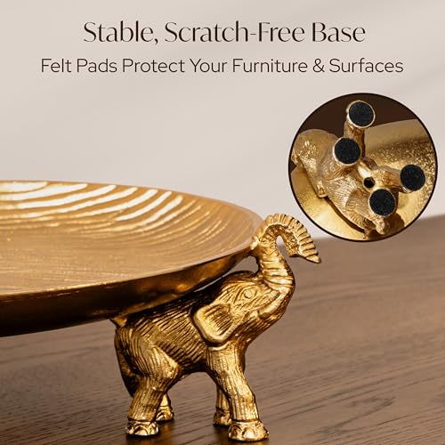 Golden Tray with Elephant Stand - Round Decorative Coffee Table Centerpiece - color: Golden