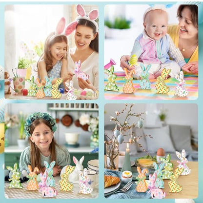 Thinkday 6 Pcs Easter Bunny Wooden Signs Rabbit Spring Table Signs for Home Office Table Wood Bunny Easter Decorations Sign with Ribbons for Tiered Tray Mantel Shelf, Farmhouse Party Supplies