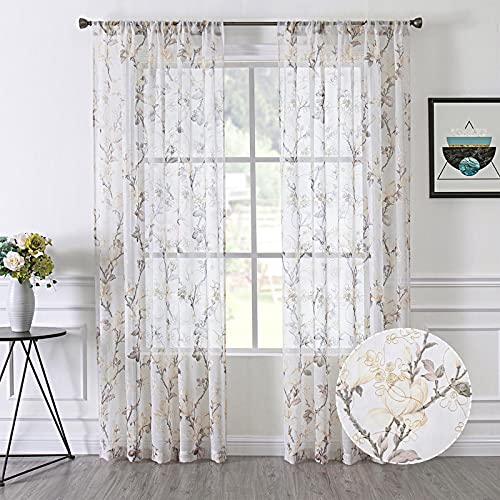 Tollpiz Floral White Sheer Curtains Flower Print Vine Embroidery Bedroom Curtain Rod Pocket Voile Window Curtains for Living Room, 54 x 63 inches Long, Set of 2 Panels - color: White, size: 54"W x 63"L (Pack of 2)