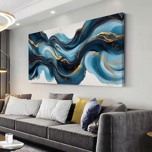 ZOMNAI Abstract Blue and Gold Swirling Stripe Wall Art for Living Room Office Contemporary Art Deco White Background Painting Prints Modern Canvas Artwork Over the Couch Bedroom Decor Large - color: Blue and Gold Swirling Stripe Wall Art (K870), size: 46L
