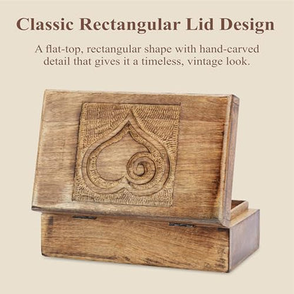Ajuny Wooden Jewelry Box Heart Carved Keepsake Treasure Chest 8x5 Inch Case