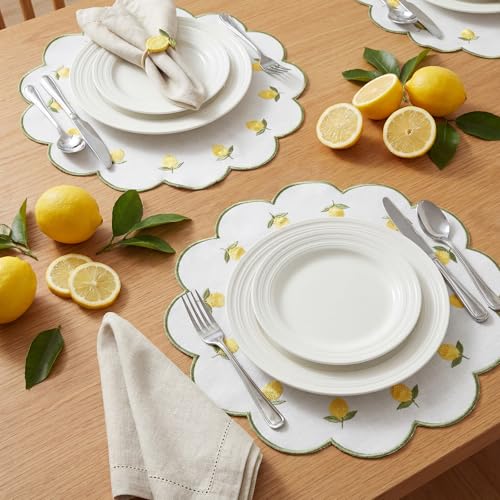 Qinyoung 6 Pieces Lemon Placemats 13.8 Inch Scalloped Embroidery placemats Fabric Linen Cotton mats Set Round Decorative Dining Table Mats for Wedding Birthday Bridal Party Decor - size: 13.8 Inches, style: Lemon