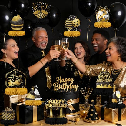 Happy Birthday Decorations Set - Black and Gold Birthday Themed Honeycomb Centerpiece, Table Decoration for Women Men Black and Gold Party Decorations - style: Black Birthday