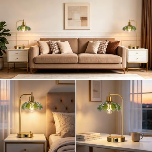 Glass Table Lamps Set of 2, Green Dimmable Bedside Lamps for Living Room - color: Gold&Green-2