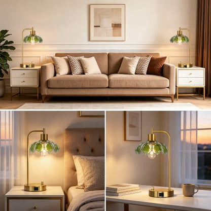 Glass Table Lamps Set of 2, Green Dimmable Bedside Lamps for Living Room - color: Gold&Green-2