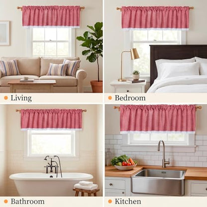 Farmhouse Valance Curtains, Cotton Kitchen Valance Rustic Style Window Valance Half Curtain for Living Room Bathroom Cafe, Rod Pocket, Red White Gingham Plaid, 59 X 12 Inch - color: Red White Gingham Plaid, size: 59"W x 12"L (Pack of 1)