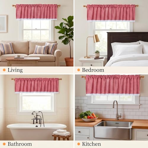 Farmhouse Valance Curtains, Cotton Kitchen Valance Rustic Style Window Valance Half Curtain for Living Room Bathroom Cafe, Rod Pocket, Red White Gingham Plaid, 59 X 24 Inch - color: Red White Gingham Plaid, size: 59"W x 24"L (Pack of 1)