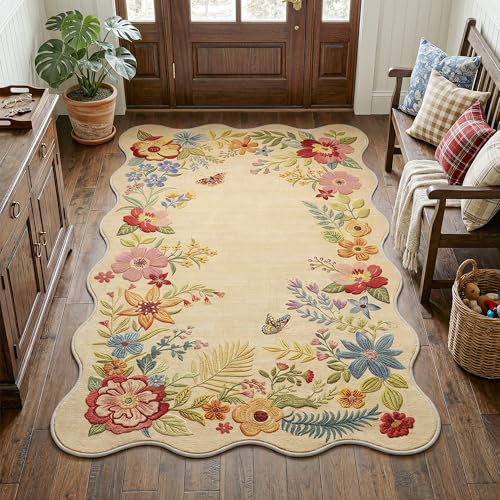 FMFUNCTEX 4x5 Washable Beige Floral Vintage Scalloped Area Rug for Entryway - color: Beige, size: 4' x 5' (Rectangular)