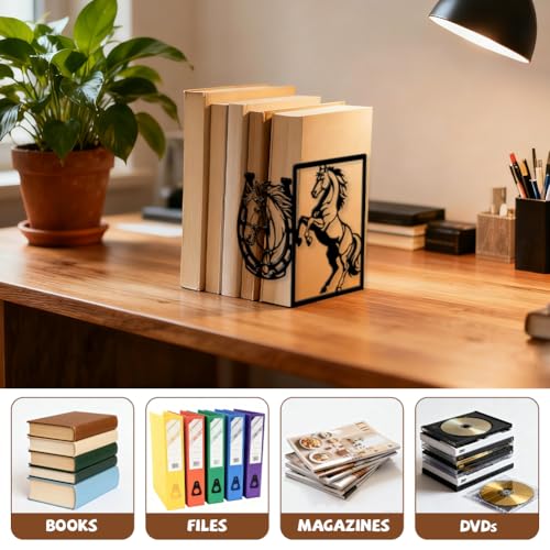 Peacoblue 5.5"x4.3"x8.3" Metal Bookends, Heavy Duty Book Ends for Shelves - style: Horse and Horseshoe