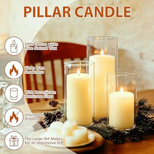 24 PCS White Pillar Candles with Glass Candle Holders Clear Hurricane Candle Holders Glass Cylinder Vases for Centerpieces Wedding Party, Event, Home Decor Ivory White