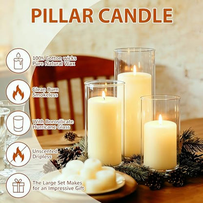 24 PCS White Pillar Candles with Glass Candle Holders Clear Hurricane Candle Holders Glass Cylinder Vases for Centerpieces Wedding Party, Event, Home Decor Ivory White