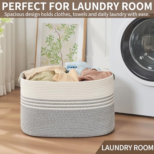 Laundry Hamper with Handles, 72L Rope Laundry Basket, Grey & White - color: Grey & White, size: 72L