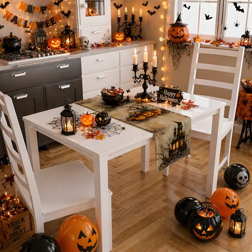 Halloween Party Decorations - Pumpkin Castle Table Runner - color: Halloween Castle