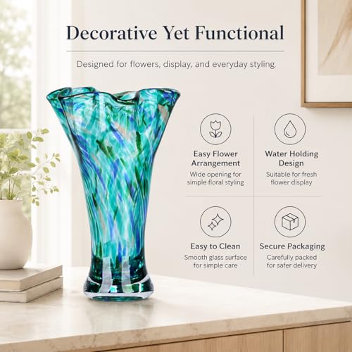 LCCCK 9.0" H Teal Glass Vases for Flower, Unique Hand Blown Glass Vase - color: Teal