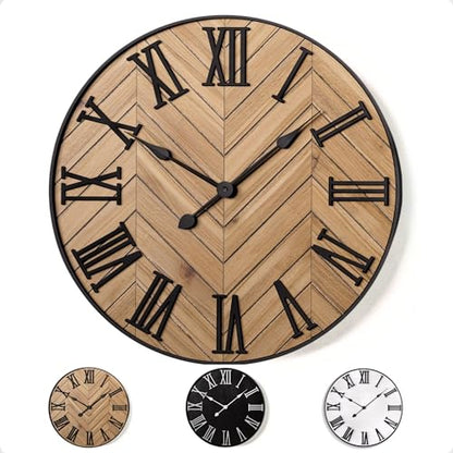 Large Wall Clock 24" Round, Silent Metal & Wood with Big 3D Roman Numerals - color: Brown