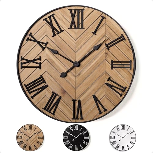 Large Wall Clock 24" Round, Silent Metal & Wood with Big 3D Roman Numerals - color: Brown