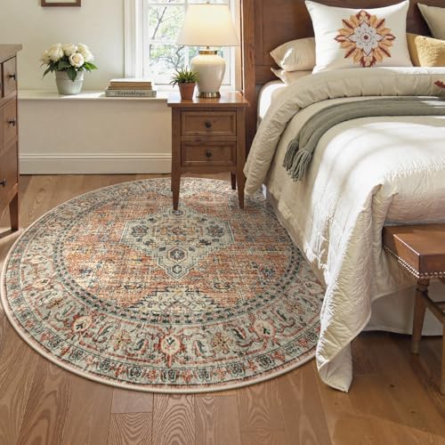 Lahome Oriental Washable Round Area Rug, Non-Slip Round Rugs 6ft Ultra-Thin - color: Terracotta, size: 6'(Round)