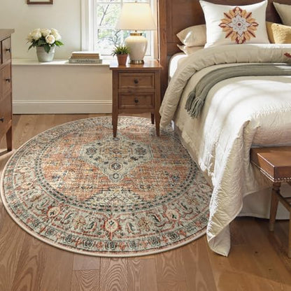 Lahome Oriental Washable Round Area Rug, Non-Slip Round Rugs 6ft Ultra-Thin - color: Terracotta, size: 6'(Round)