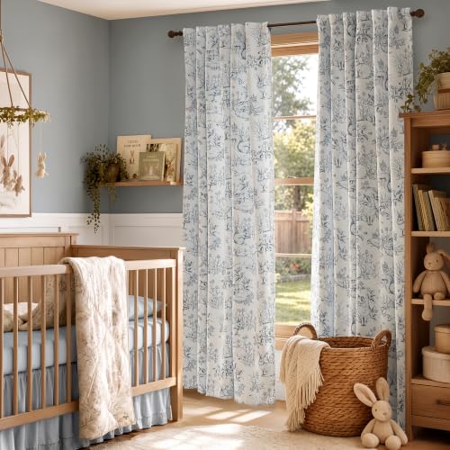 jinchan Blue Blackout Curtains 84 Inch Woodland Back Tab 2 Panels - color: Blue on Beige, size: 50"W x 84"L (Pack of 2)