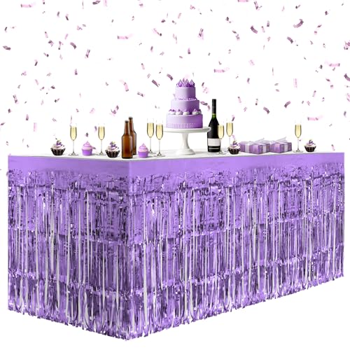 2 Pack Light Purple Table Skirts, 29x108" Metallic Foil Tinsel Fringe Table Skirts for Rectangle Tables Streamer Curtains Backdrop, Party Decorations for Birthdays Weddings Holidays - color: Light Purple