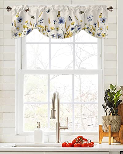 Butter-fly Leaves Tie Up Valance Curtain for Kitchen Living Room Bedroom Bathroom Cafe,Rod Pocket Short Window Drape Panel Adjustable Drapary Print,Elegant Fall Yellow Blue Yellow Daisy Beige 42"x18" - size: 42"W x 18"L (Pack of 1)