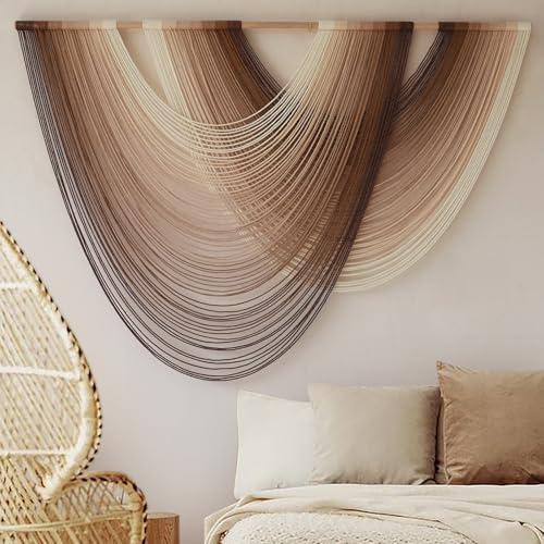 Macrame Wall Hanging Dip Dyed Large Boho Brown Fiber Wall Art 57"W*39"L - color: Ivory Brown