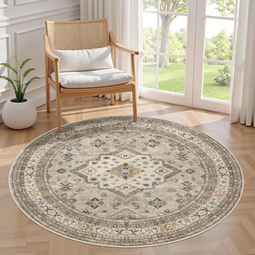 cotiled 5ft Round Living Room Area Rug, Washable, Traditional, Beige - color: Beige, size: 5' (Round)