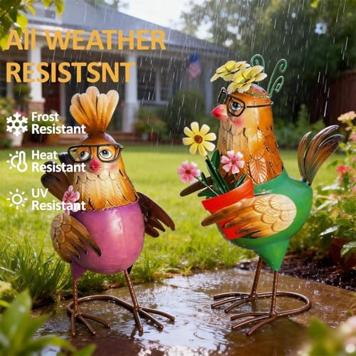 Natelf Metal Rooster & Hen Outdoor Statues Chicken Sculptures Set