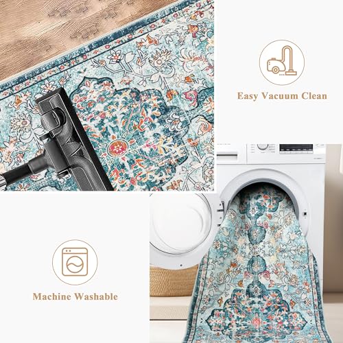Pauwer Hallway Runner Rug 2x6, Washable Non Slip Boho Kitchen Runner, Teal - color: Teal, size: 2' x 6' (Runner)