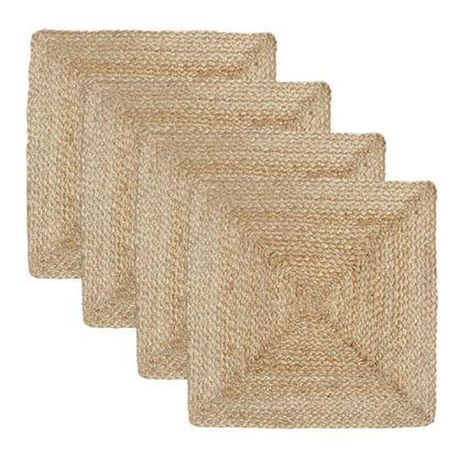 Revive Jute Placemats Set of 4-14 x 14 inch Square Natural Table Mats, Boho Heat Resistant Rustic Farmhouse Kitchen countertop & Wooden Dining Table