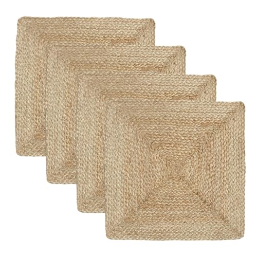Revive Jute Placemats Set of 4-14 x 14 inch Square Natural Table Mats, Boho Heat Resistant Rustic Farmhouse Kitchen countertop & Wooden Dining Table