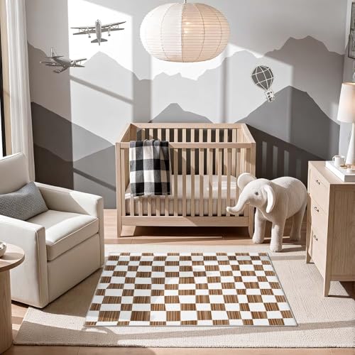 jinchan 3x5 Area Rug Washable Modern Checkered Rug for Kids Room, Brown - color: Checkered Brown, size: 3' x 5' (Rectangular)